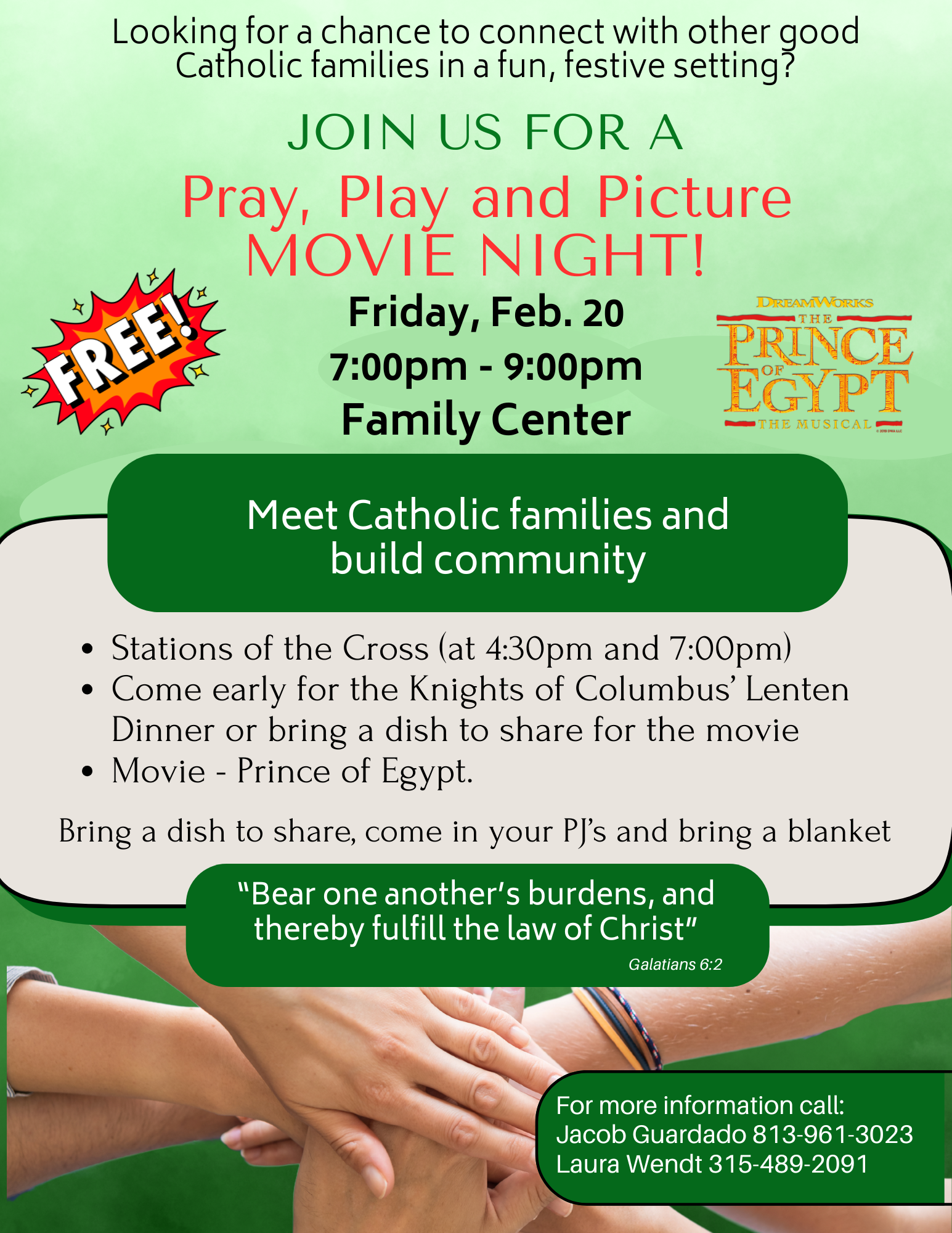 Family Night:  Pray, Play and Picture Movie Night - Feb. 20